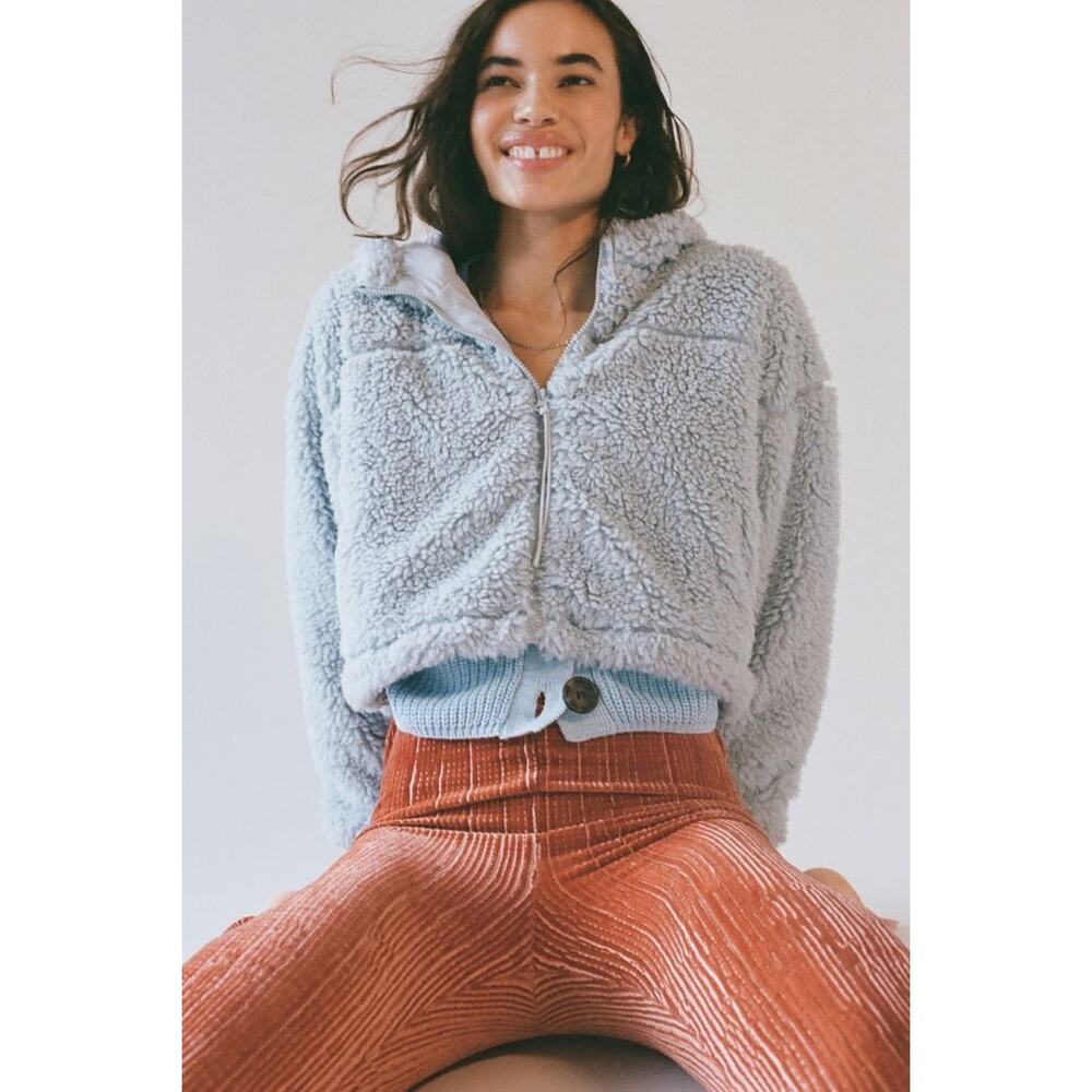New BDG Blue Hooded Cropped Teddy Jacket Women's Size S